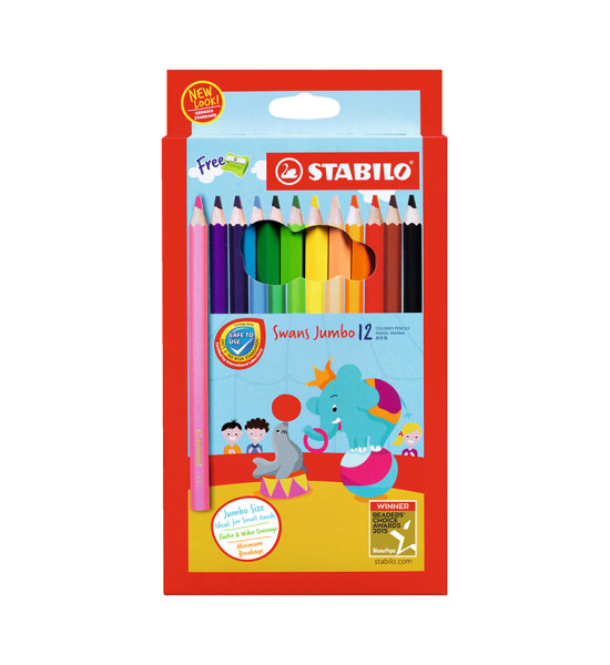 Lápices de Color, Largos, Swans Jumbo, Cuerpo Hexagonal, Mina 5.0 mm, Estuche x 12 Colores. 